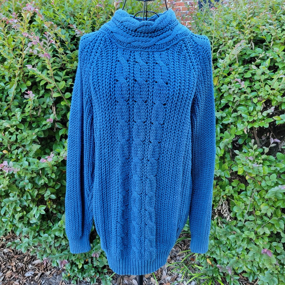 Southern Lights M Fisherman Sweater Blue Cable Knit Mock Neck Chunky Knit